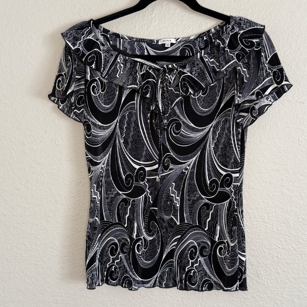 VTG Y2K Fairy Whimsigoth Boho Crinkle Black Paisley Ruffle Tie Neck Top Small